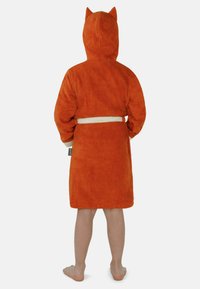 Orange Badekappe aus Frottee mit Kapuze und Katzenohren, einem weißen Gürtel und einer weichen Textur. Mittellanges Design mit langen Ärmeln.