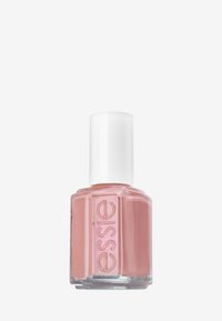 Bottiglia di smalto per unghie con una base di vetro quadrata, tonalità rosa pallido e un tappo cilindrico bianco. L'etichetta presenta il nome del marchio "essie."