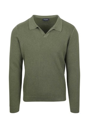 Groene gebreide pullover met een v-hals en kraag, gemaakt van een textuurrijke stof. Lange mouwen en ribbels aan de zoom en de uiteinden van de mouwen.