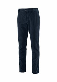 Marineblauwe corduroybroek met een recht broekspijpdesign, voorzien van een knoopsluiting en getextureerde verticale ribbels in de stof.