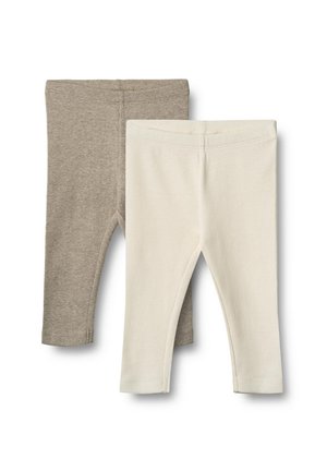 Kaksi paria legginssejä: yksi vaaleassa beigesävyssä ja toinen pehmeässä kermassa, molemmat ribbaavalla pinnalla ja joustavalla vyötäröllä.