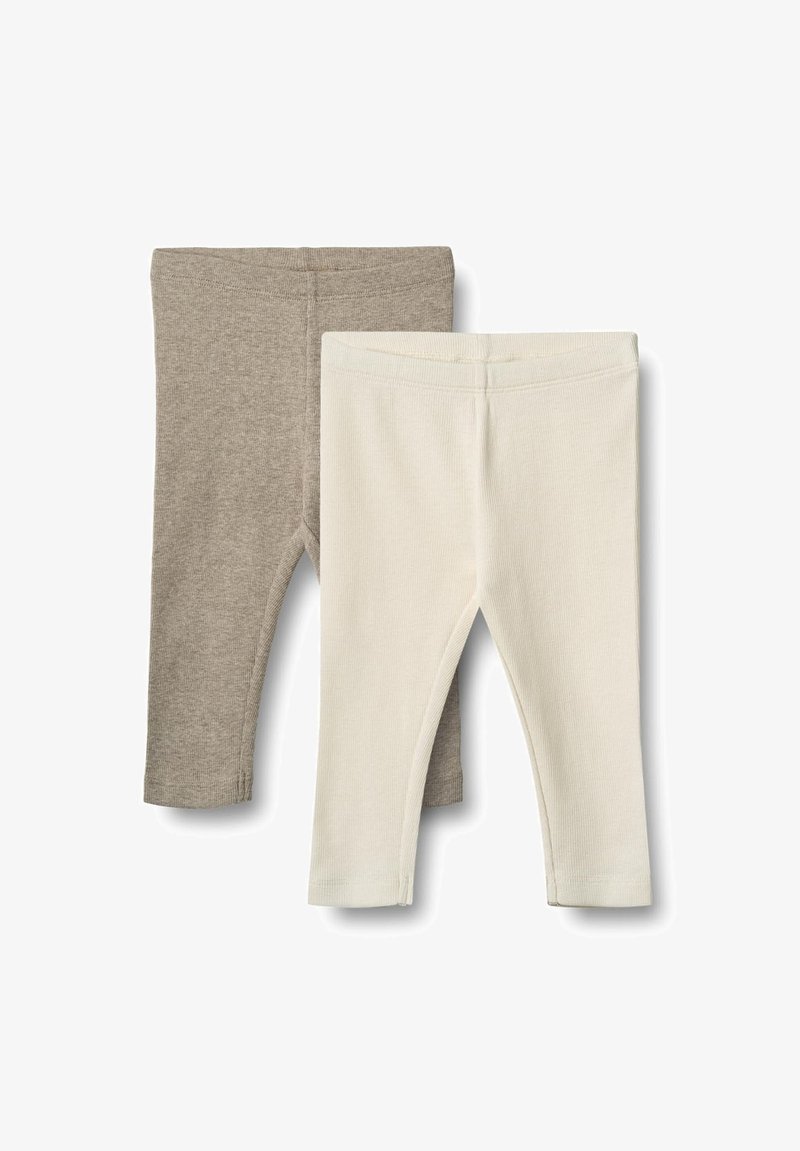 Deux paires de leggings : l'une en beige clair et l'autre en crème doux, toutes deux dotées d'une texture côtelée et d'une taille élastique.