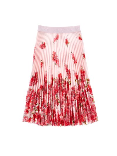 Ροζ πλισέ φούστα με  κόκκινο λουλουδένιο σχέδιο και ελαστική μέση με το κείμενο «Lisa Monnalis».