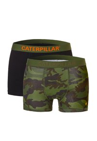Zwarte en camouflage boxershorts met groene elastische taillebanden. CATERPILLAR-logo in het oranje op de zwarte en groene banden. Glad stoffen textuur.