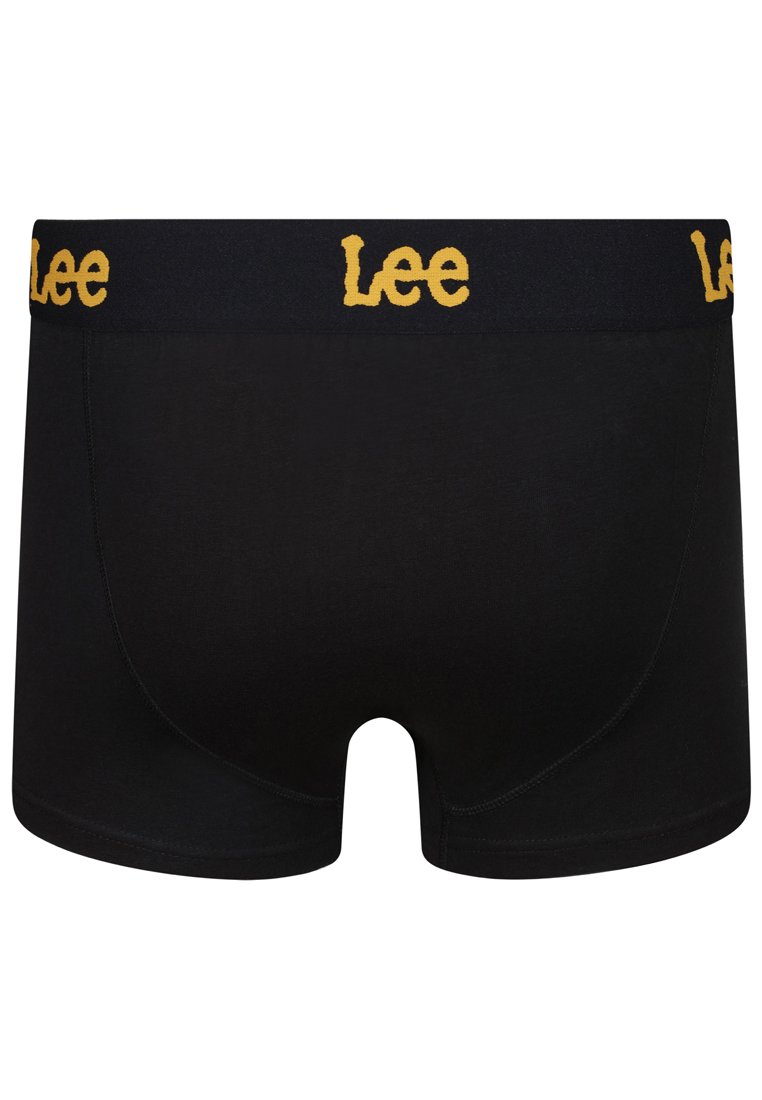Czarne bokserki z czarną tasiemką w pasie z żółtym logo "Lee". Gładka tekstura i dopasowany krój zapewniają komfort i wsparcie.