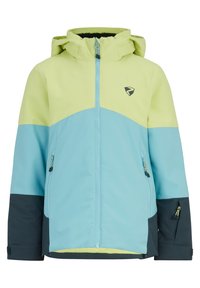 Farbig blockierte Jacke in Hellgrün, Blau und Marineblau. Verfügt über einen Reißverschluss vorne, eine verstellbare Kapuze und zwei seitliche Taschen mit Reißverschluss.