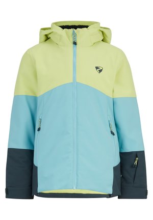 Farbig blockierte Jacke in Hellgrün, Blau und Marineblau. Verfügt über einen Reißverschluss vorne, eine verstellbare Kapuze und zwei seitliche Taschen mit Reißverschluss.
