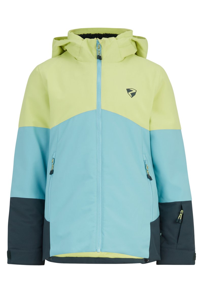 Farbig blockierte Jacke in Hellgrün, Blau und Marineblau. Verfügt über einen Reißverschluss vorne, eine verstellbare Kapuze und zwei seitliche Taschen mit Reißverschluss.