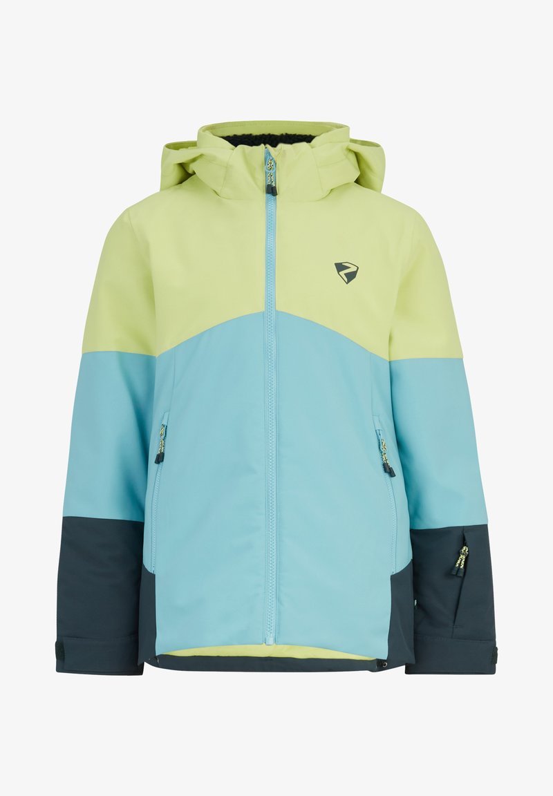 Farbig blockierte Jacke in Hellgrün, Blau und Marineblau. Verfügt über einen Reißverschluss vorne, eine verstellbare Kapuze und zwei seitliche Taschen mit Reißverschluss.