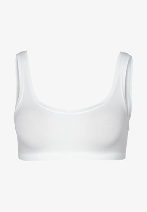 Bílý top na seprušení z hladké, elastické tkaniny. Má kulatý výstřih, široké ramínka a bezšvový design pro pohodlné nošení.