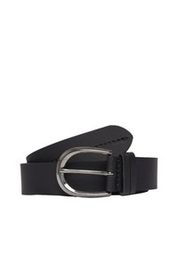 Schwarzer Leder-Gürtel, gerollt, mit einer silbernen, runden Metallschnalle und einer genähten Gürtelschlaufe.