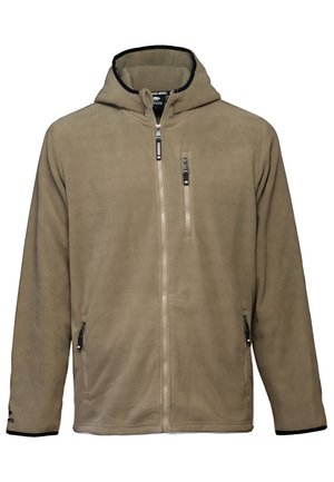 Beige fleece jack met een capuchon, met een volledige rits aan de voorkant en drie ritszakken. Het heeft een zwarte afwerking langs de capuchon en de manchet.