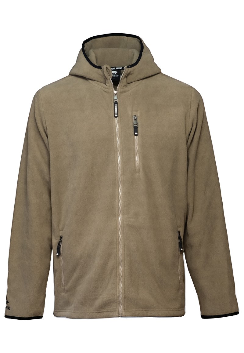 Beige fleece jack met een capuchon, met een volledige rits aan de voorkant en drie ritszakken. Het heeft een zwarte afwerking langs de capuchon en de manchet.