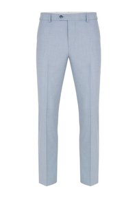 Jasnoniebieskie dopasowane spodnie o gładkiej teksturze, z płaskim przodem, paskami do paska i jednolitym zapięciem na guzik w talii.