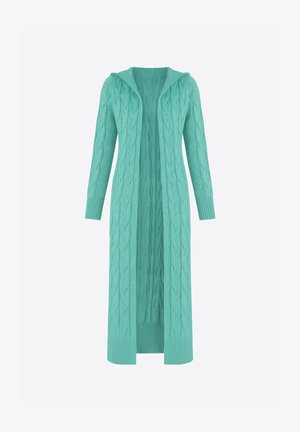 Lange, openvallende cardigan in licht teal, met kabelbreisel, geribbelde manchetten en een capuchon, gemaakt van zacht, gestructureerd garen.