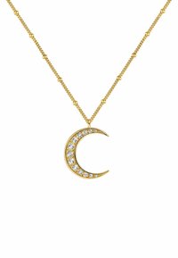 Collar de oro con colgante de luna creciente, adornado con piedras preciosas claras, que presenta una cadena texturizada con acentos circulares.