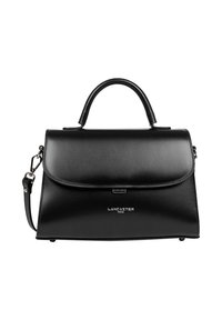 Borsa a mano in pelle nera con un design strutturato, manico superiore e tracolla staccabile. Presenta una chiusura a pattina e un dettaglio con logo sulla parte anteriore.