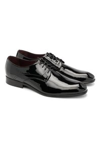 Pantofi de dress din piele de patent negri, cu o suprafață netedă și lucioasă, design cu șireturi, vârf rotunjit și talpă din cauciuc plat.