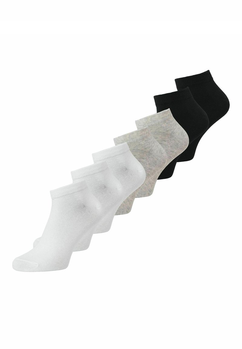Six paires de chaussettes basses disposées en ligne, en blanc, gris et noir, présentées sur un fond blanc.