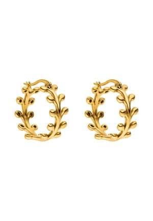Paar goldene Creolen in Form von Zweigen mit abgerundeten Knospen und kleinen Blättern, mit Steckverschluss.
