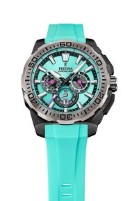 Turkizna silikonska zapestnica z uro, srebrnim ohišjem iz nerjavnega jekla, črnim in turkiznim številčnico, funkcijo kronografa ter rožnatimi poudarki.