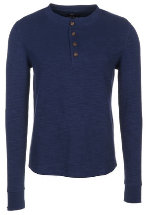 Navy blue long-sleeve henley shirt with four brown buttons and a crew neck collar.