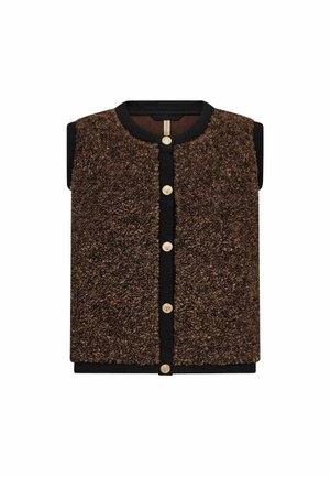 Brun tekstureret ærmeløs vest med sort kant og guldknapper ned foran.