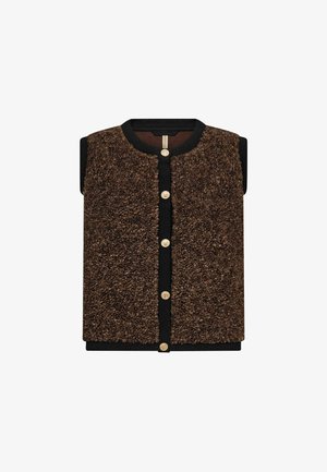 Barna, texturált, ujjatlan mellény fekete szegéllyel és arany gombokkal az elülső középső részén.