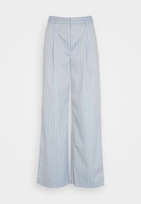 Lichtblauwe, wijde broek met verticale witte strepen, met plooien aan de voorkant, een gladde textuur en een op maat gemaakte tailleband.