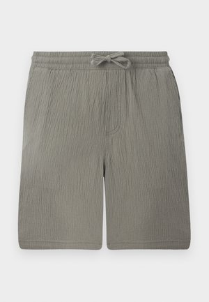 Light gray shorts made of textured fabric. Features an elastic waistband, drawstring, and side pocket. Simple, straight-cut design.