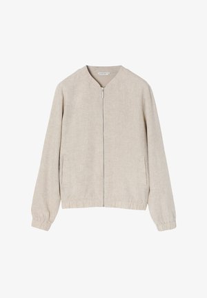 Light beige bomber jacket with a round neckline, front zipper, side pockets, and elastic cuffs and hem. Made from a textured fabric.