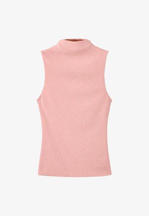 Haut en maille rose sans manches avec un col montant et une silhouette ajustée, présenté sur fond blanc.