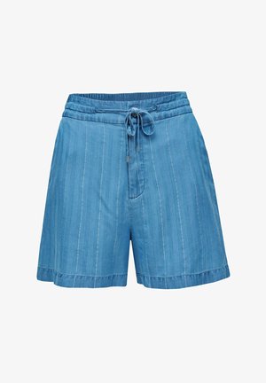 Pantalones cortos de mezclilla en azul claro con rayas blancas verticales, cinturilla elástica con cordón, y un corte relajado con dobladillo enrollado.