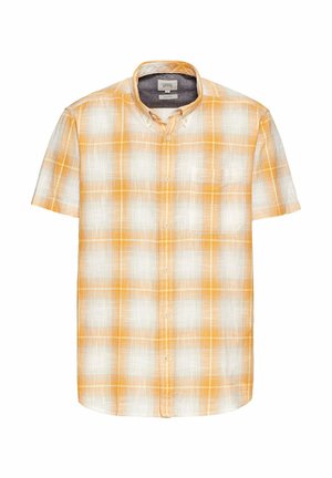 Kortærmet, skjorte med knaplukning i orange og hvidt ternet mønster. Lavet af let stof; har en lomme på venstre bryst.