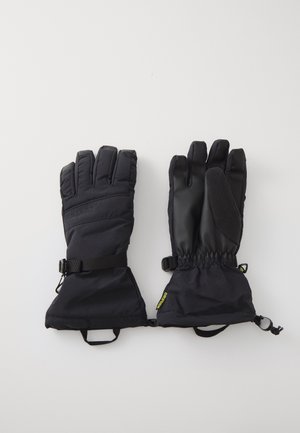 Sorte isolerte hansker med teksturert håndflate, justerbar håndleddsrem og elastiske mansjetter, med en glatt aksent på fingrene.