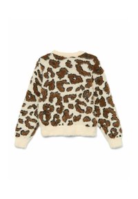 Flauschiger Pullover mit langen Ärmeln in einem braun-schwarzen Leopardenmuster auf cremefarbenem Hintergrund, von hinten angezeigt.