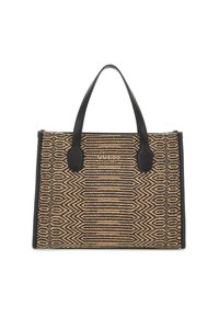 Zwart en beige gestreepte tote bag met twee handvatten, voorzien van een prominent merklogo op de voorkant.