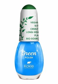 Vegan nagellack i en glänsande blå flaska med ett vitt lock som har ett grönt bladdesign och produktinformation. Texten säger "Grön Nagellack."