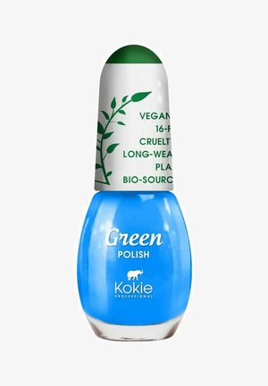 Vegan-kynsilakka kiiltävässä sinisessä pullossa, jossa on valkoinen korkki, jossa on vihreä lehden kuvio ja tuotetiedot. Teksti lukee "Vihreä lakka."