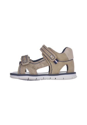 Sandalo beige e blu navy per bambino con due cinturini in velcro regolabili e suola bianca flessibile.