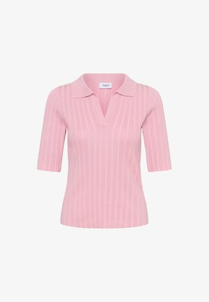 Roosa ribidega kootud polo-särk V-kaeluse ja lühikeste varrukatega, millel on lame krae ja keha järgnev siluett. Sildil on tekst "Saint."