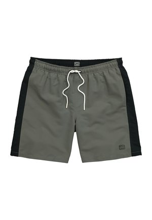 Szare spodenki kąpielowe z czarnymi bocznymi panelami, elastycznym paskiem w talii, białym sznurkiem oraz małym logo na lewej nodze.