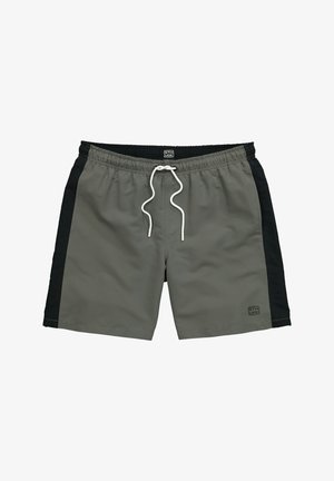 Grå badeshorts med sorte sidepaneler, elastisk talje, hvid snøre og lille logo på venstre ben.
