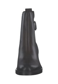Bottine en cuir noir avec une texture lisse, bout rond et fermeture éclair latérale avec un détail de boucle décoratif.