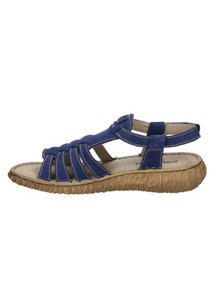 Blue leather sandal with wide straps, textured sole, and contrasting white stitching. Open design with adjustable back strap for support.