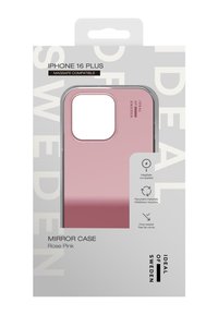 Coque miroir rose pâle pour iPhone 16 Plus avec une finition lisse, une découpe carrée pour l'appareil photo et des bordures grises. Compatible MagSafe, fabriquée à partir de matériaux recyclés.