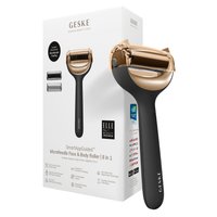 Micro-needles gezichts- en lichaamsroller met een gouden en zwarte ontwerp, met verwisselbare koppen, op een witte productdoos met tekstdetails.