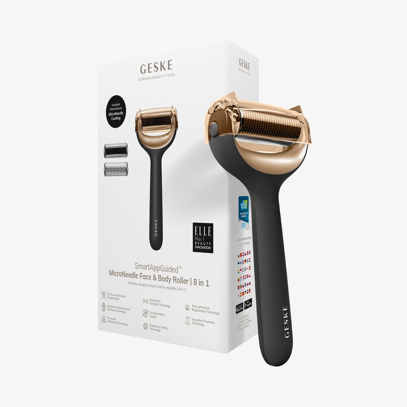 Micro-needles gezichts- en lichaamsroller met een gouden en zwarte ontwerp, met verwisselbare koppen, op een witte productdoos met tekstdetails.