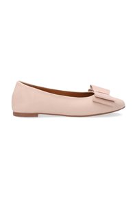 Hellrosa Leder-Ballerinas mit spitzem Fuß und einer Schleifenverzierung vorne. Minimalistisches Design mit flacher Sohle und glatter Textur.