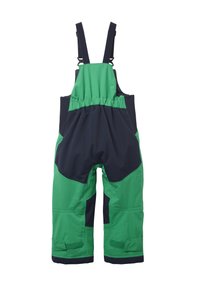 Zelené a námořnické voděodolné salopety s nastavitelnými popruhy, elastickým pasem a zesílenými koleny. Cuffs na suchý zip pro bezpečné uchycení.